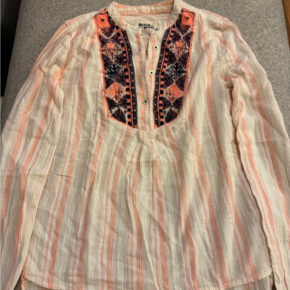 Vintage Anthropologie HOLDING HORSES Embroidered Blouse - White Orange and Blue